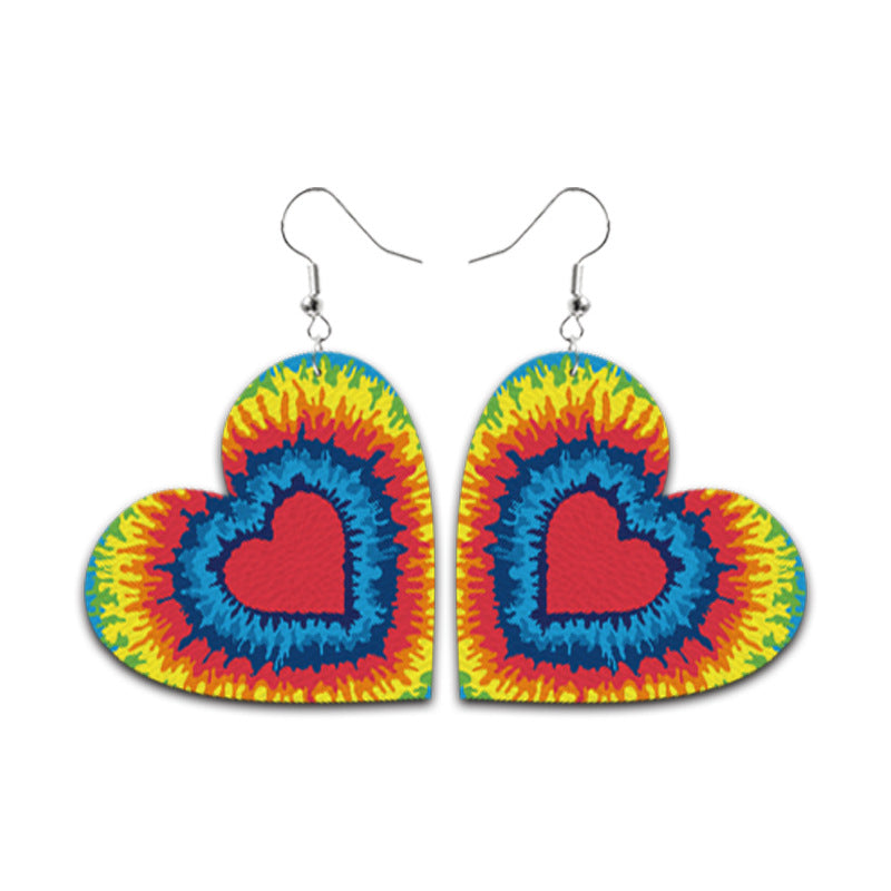 Wholesale Valentine's Day Red and Black Plaid Tie-dye Leopard Print Heart-shaped Leather Teardrop Earrings